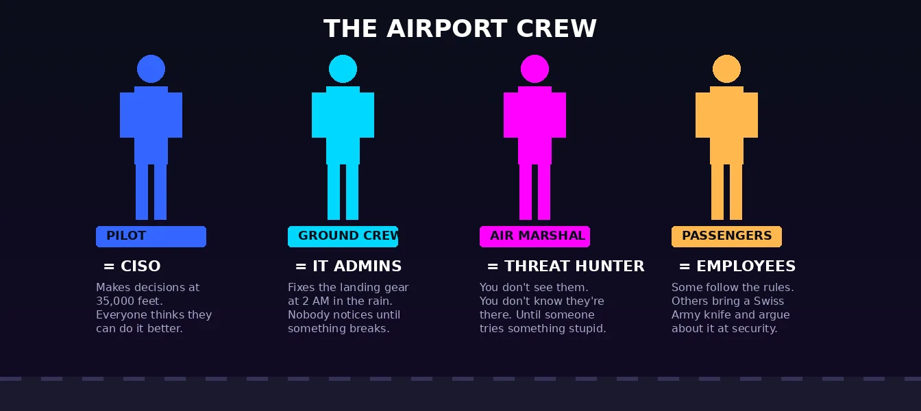The Airport Crew: Pilot equals CISO, Ground Crew equals IT Admins, Air Marshal equals Threat Hunter, Passengers equals Employees - each with sarcastic descriptions of their real-world behavior