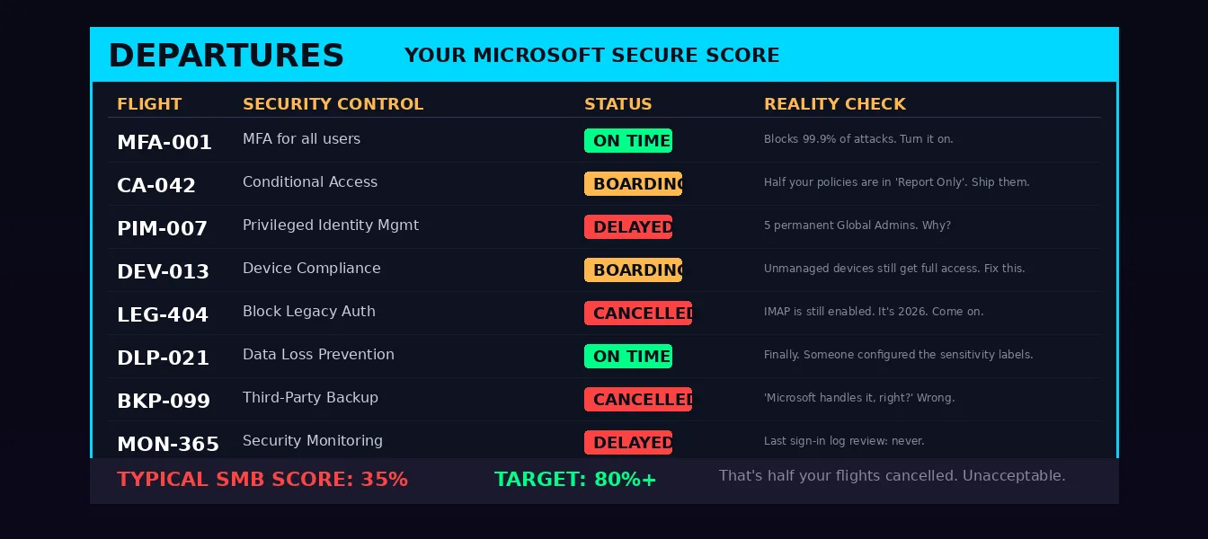 Airport departure board styled as Microsoft Secure Score showing security controls as flights: MFA on time, Conditional Access boarding, PIM delayed, Legacy Auth cancelled, with sarcastic reality check comments and typical SMB score of 35 percent versus target of 80 percent