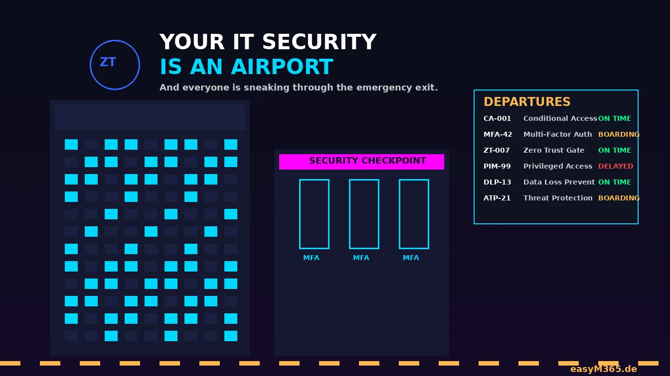 Airport-themed IT security visualization with departure board showing Zero Trust security controls