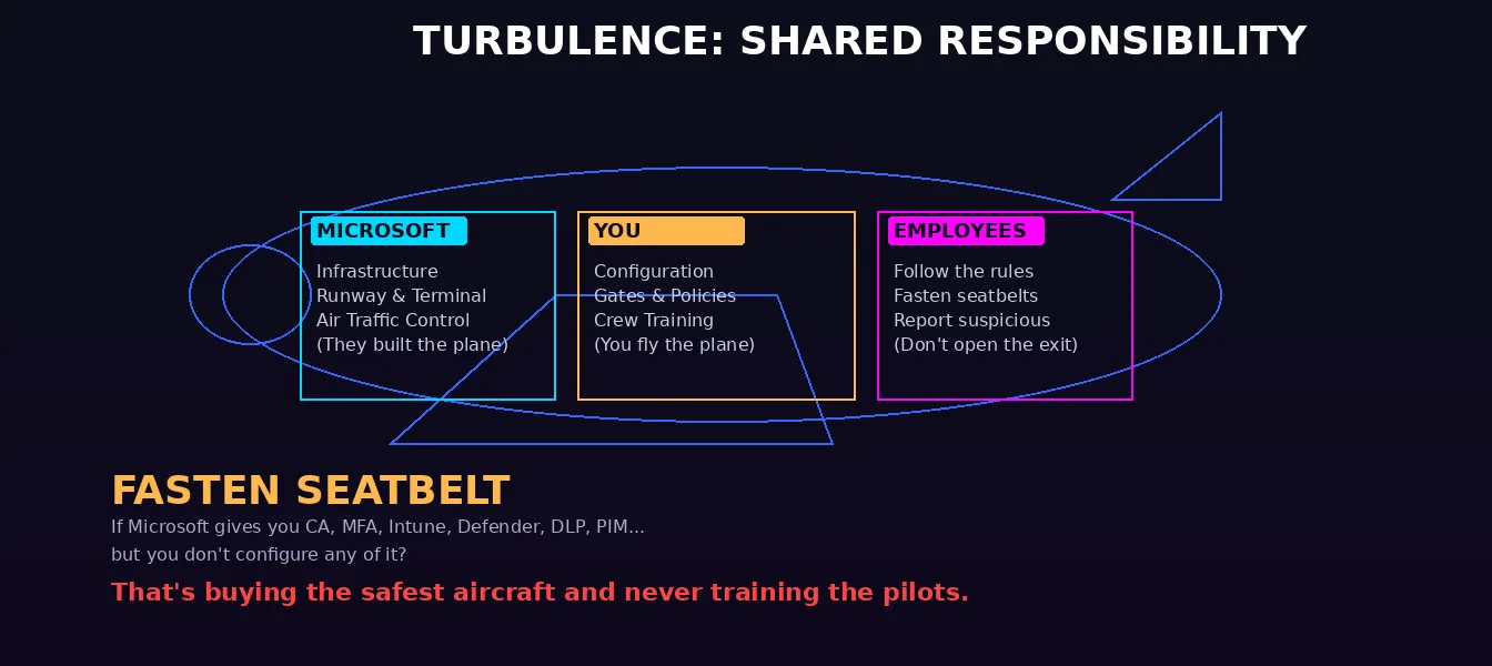 Airplane silhouette divided into three shared responsibility zones: Microsoft handles infrastructure like runway and air traffic control, You handle configuration like gates and policies, Employees follow the rules like fastening seatbelts