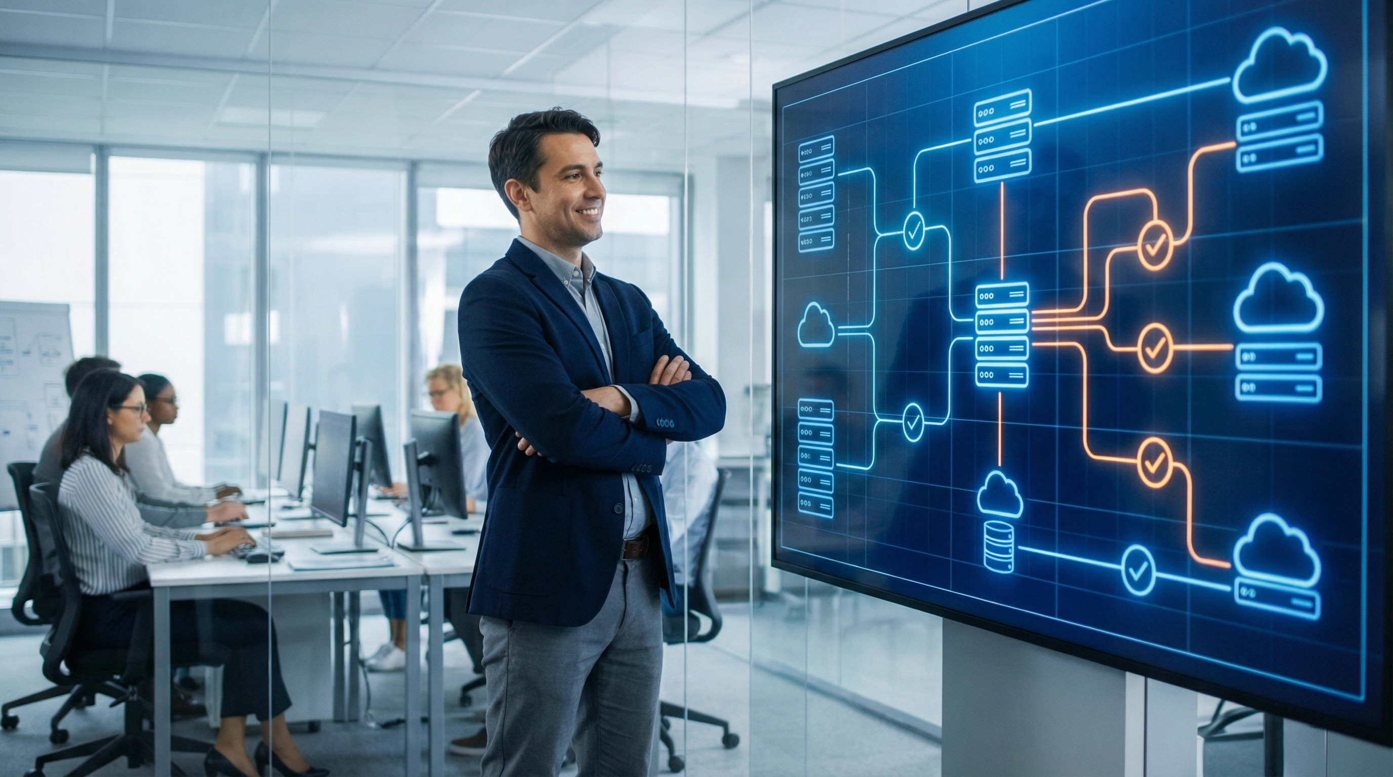 IT manager reviewing a device deployment decision flowchart on a large digital display