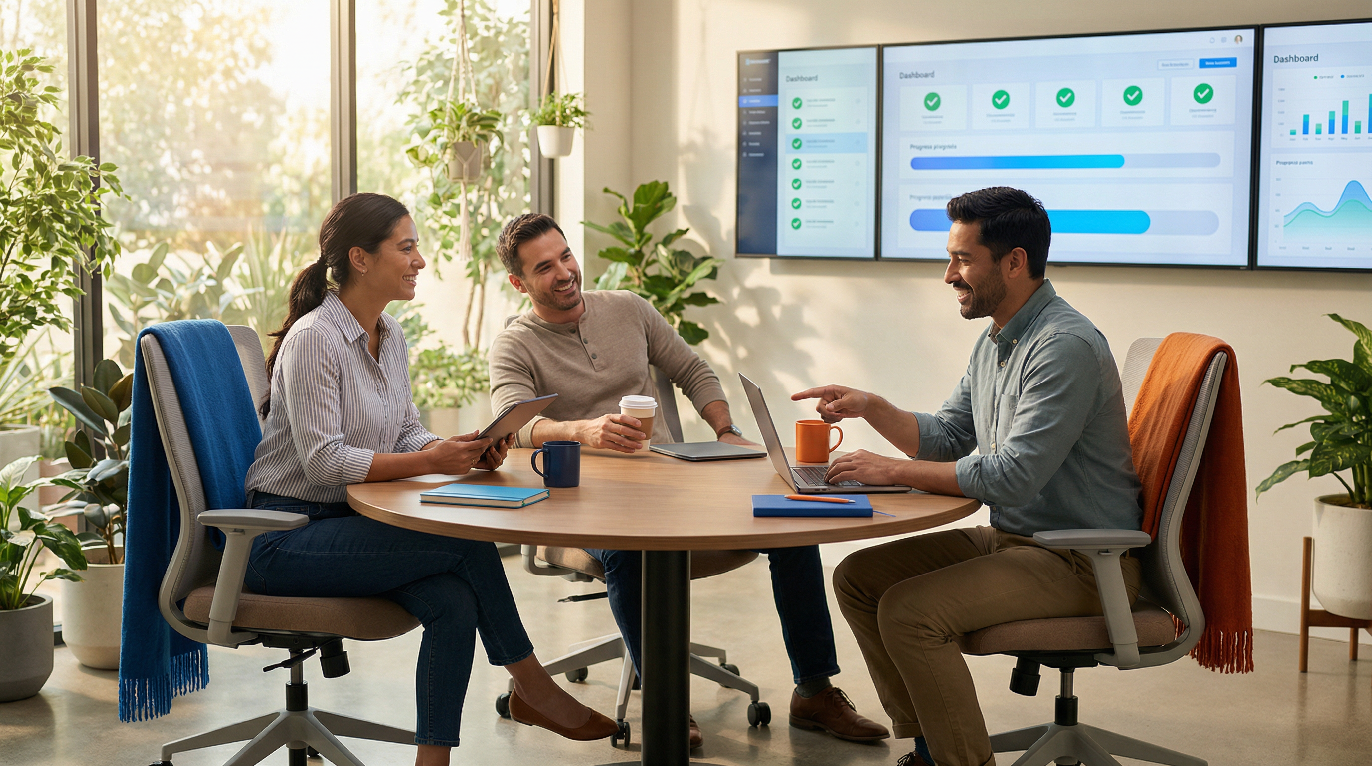 Relaxed IT team in a modern office with automated deployment dashboards running in the background