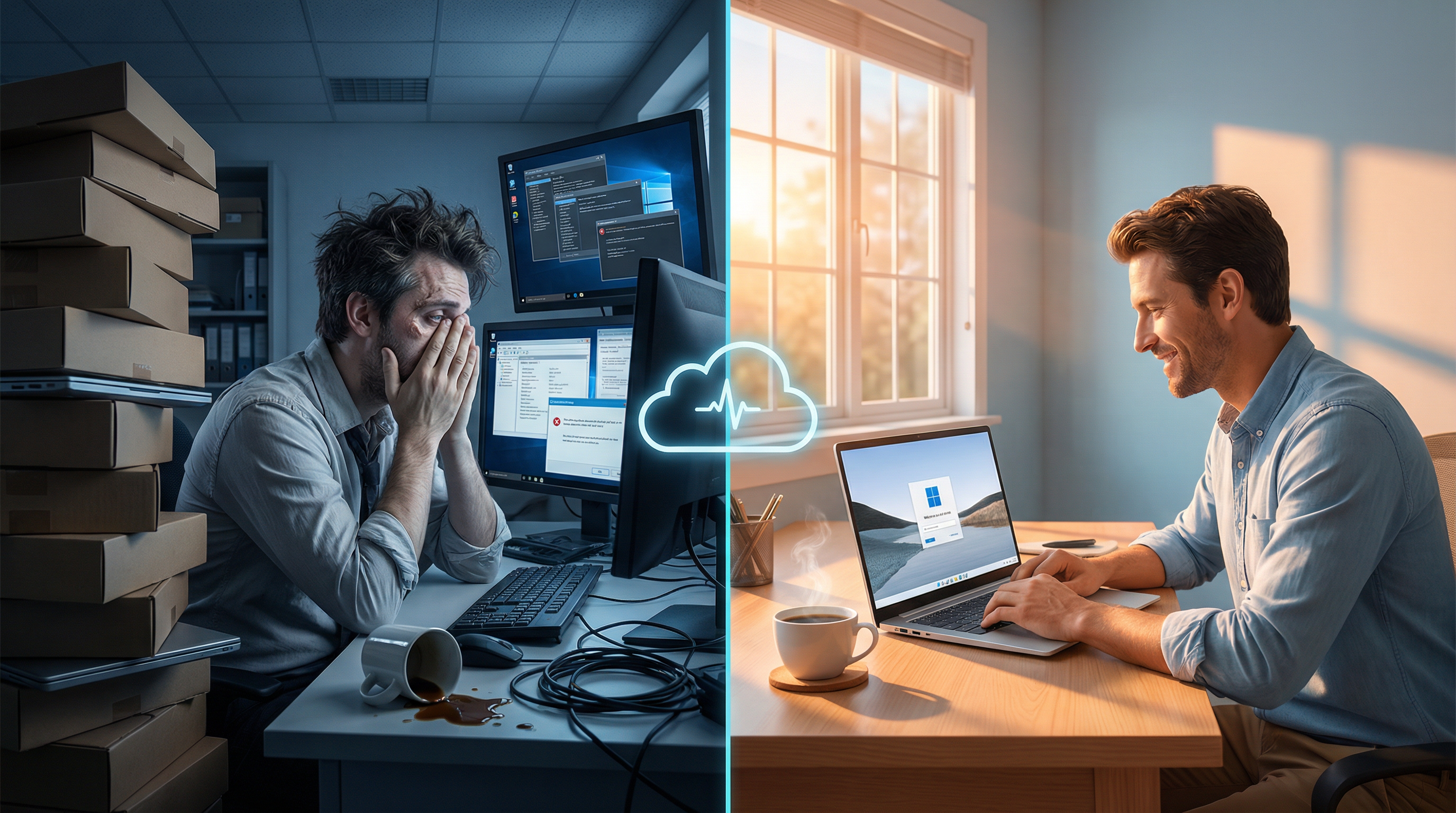 IT admin overwhelmed by laptop boxes vs. relaxed employee with self-configured laptop