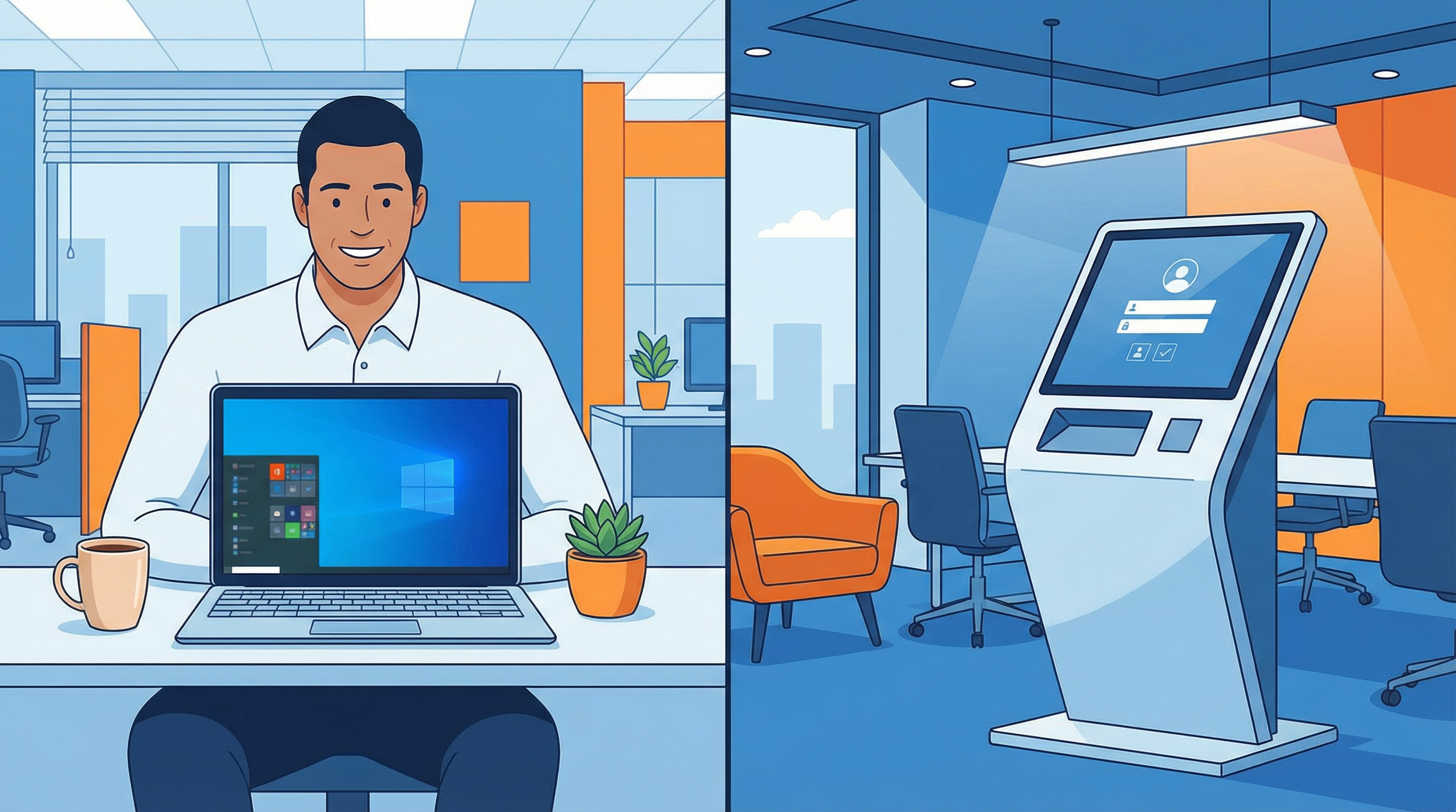 Split-screen: personal laptop setup for an employee vs. self-deploying kiosk terminal