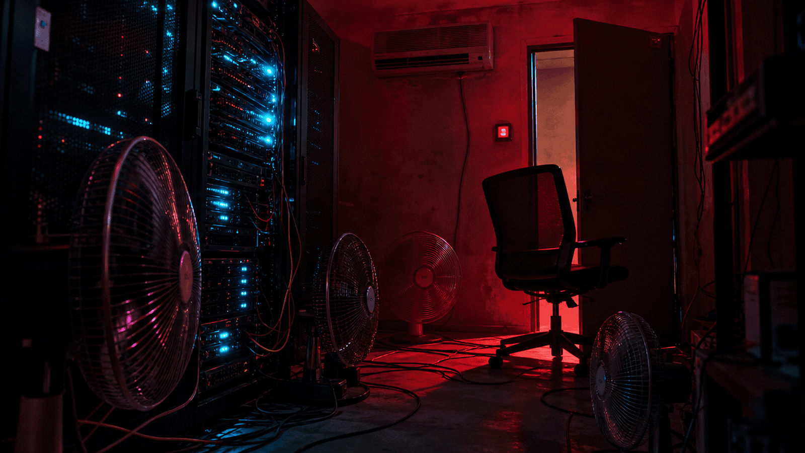 A server room at night under red emergency light, the air conditioning off, floor fans aimed at the racks and a chair propping the door open