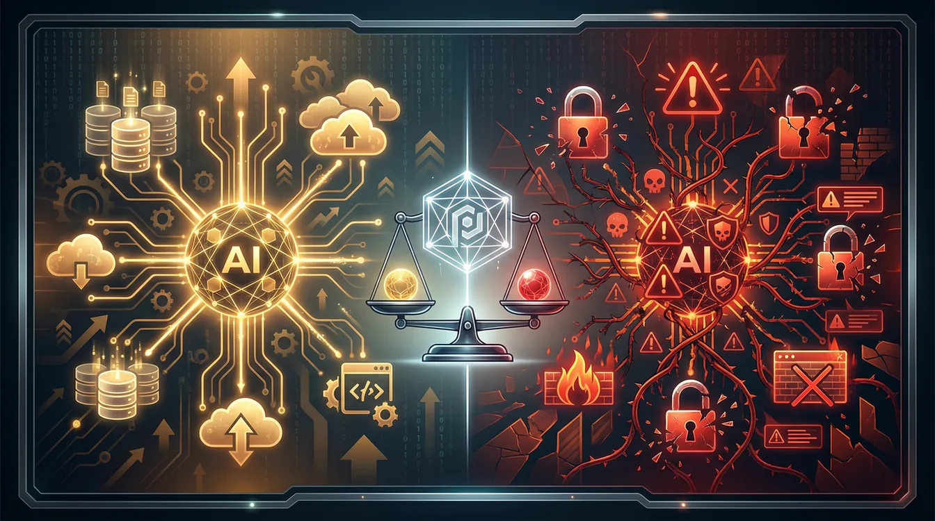 Split screen showing AI Model Context Protocol benefits on one side and security risks on the other