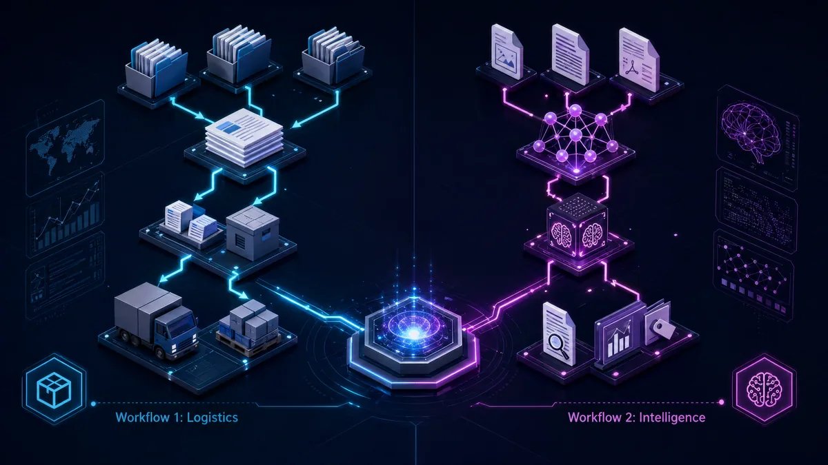 Technical visualization of two distinct workflow pipelines converging into a central context engine node