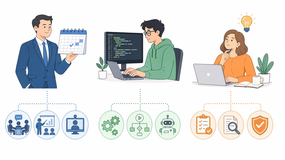 Three personas: business executive, developer, and knowledge worker connected to different workflow components