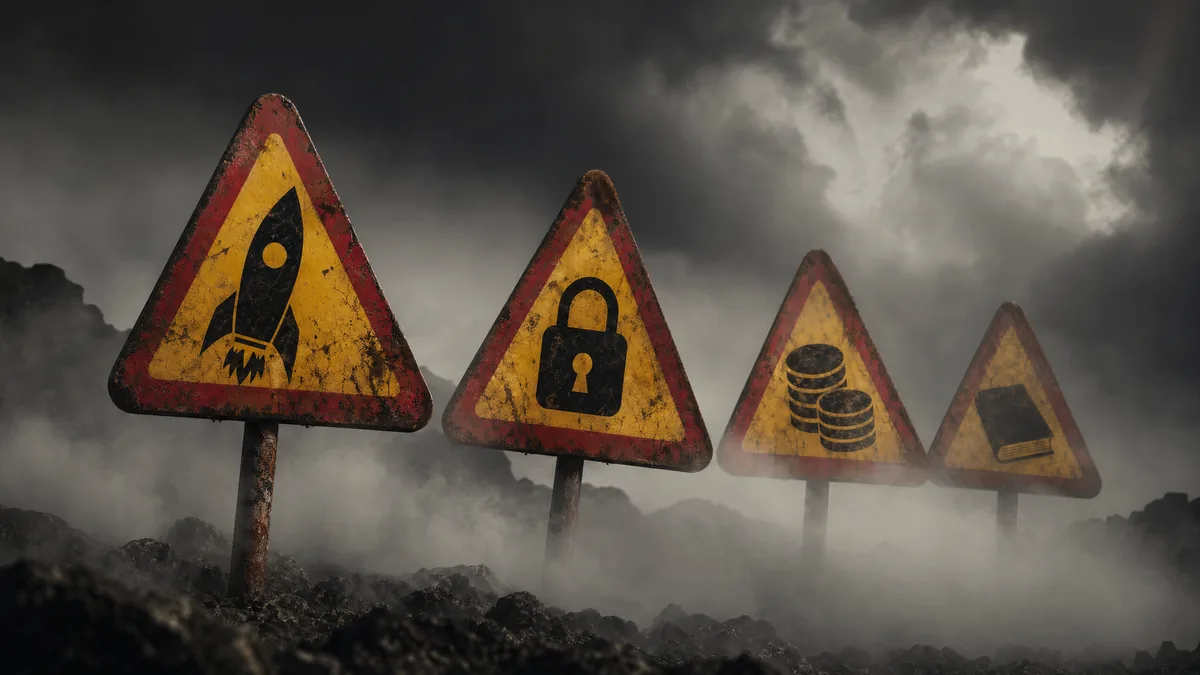 Four warning signs representing scaling too fast, forgetting governance, underestimating costs, and unused output