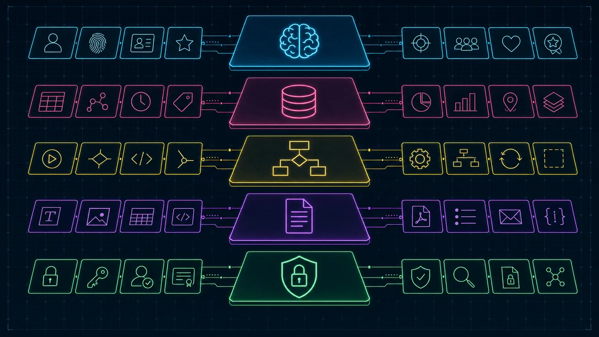 Layered technical blueprint showing Identity, Context, Frameworks, Output Format, and Security layers
