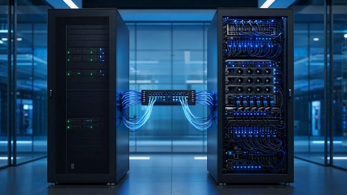 Two parallel server racks representing file logistics and AI processing connected by glowing network cables