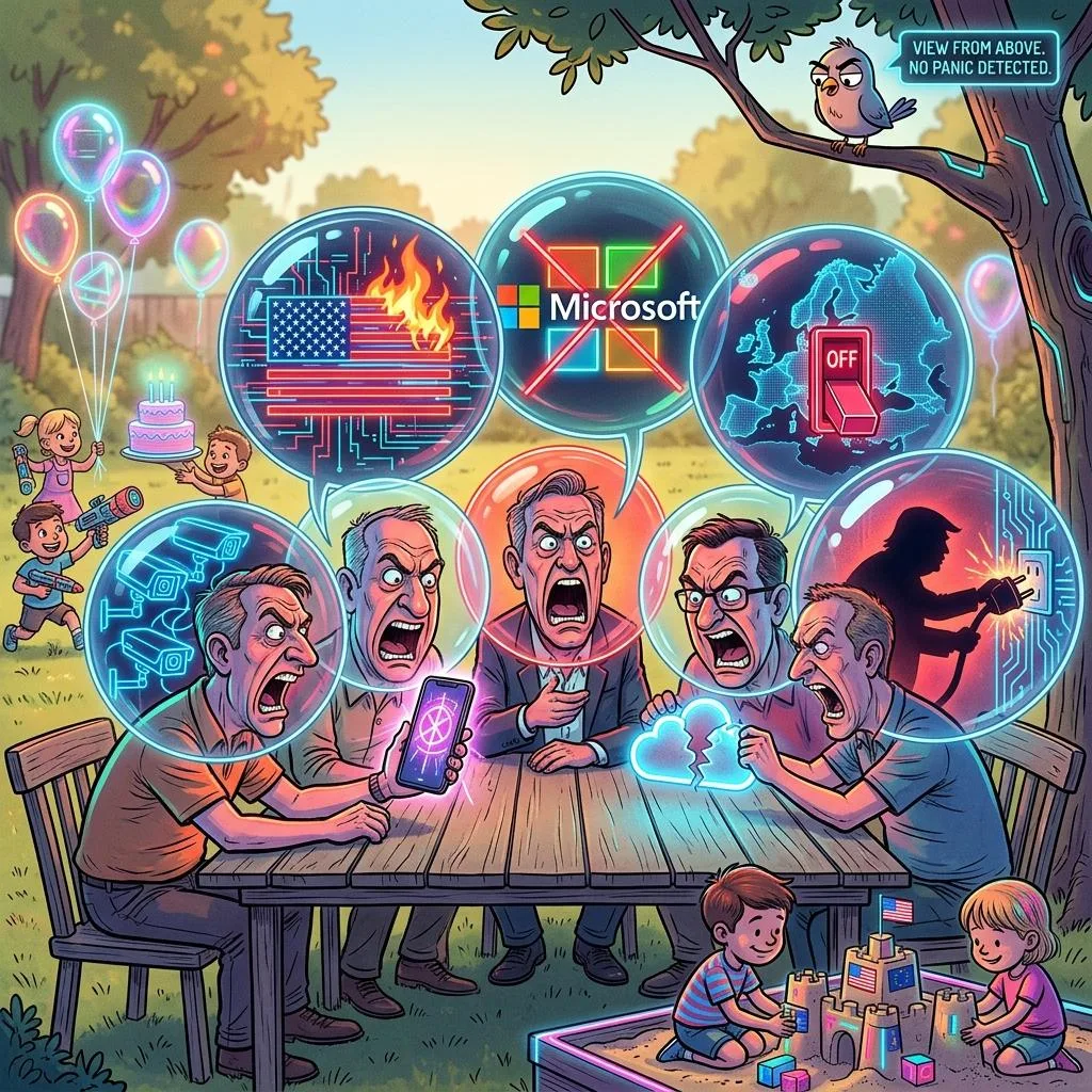 Cartoon of agitated men at a garden party arguing in speech bubbles about Microsoft and US cloud dependency while children play carefree nearby