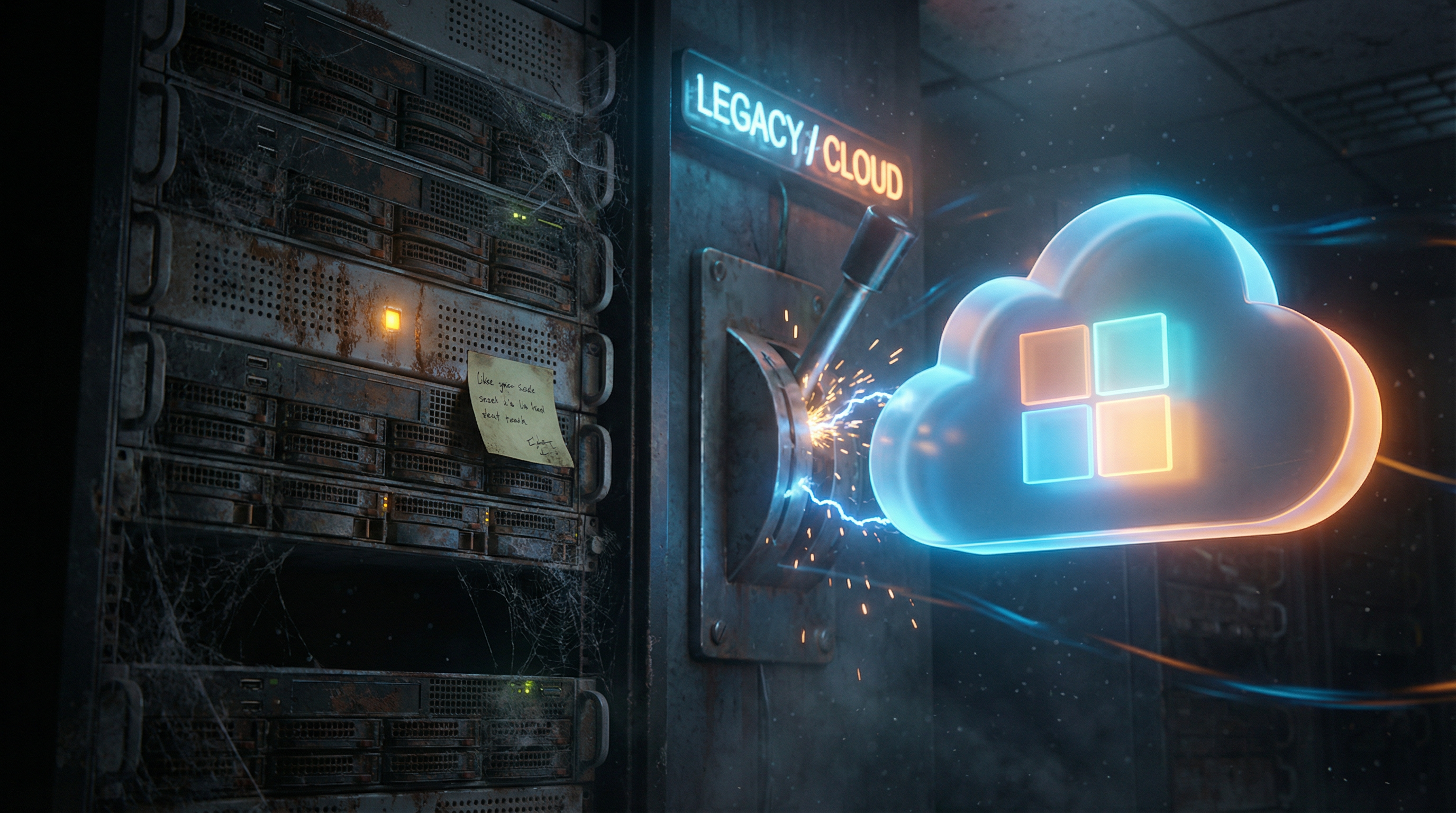 An old dusty server rack connected to a glowing modern cloud via a giant rusty switch