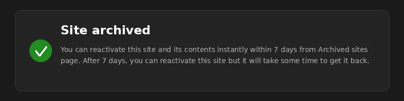 SharePoint Admin Center showing Site archived confirmation message after successfully archiving the orphaned Teams Private Channel site