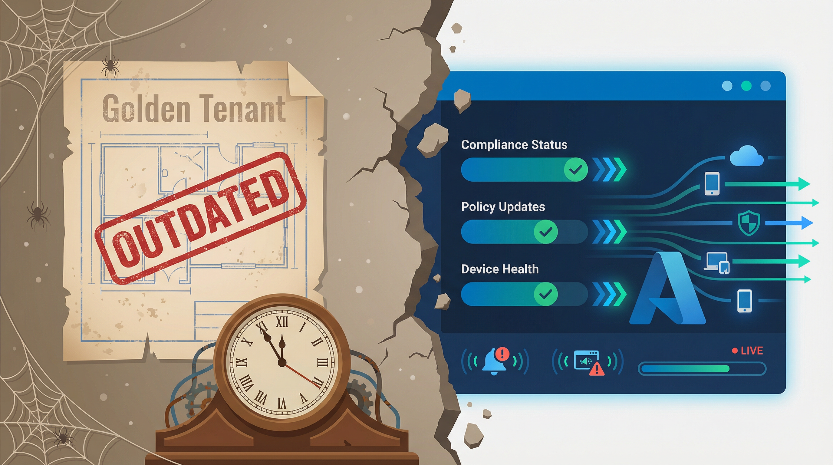 Golden tenant blueprint stamped outdated versus a live automated Intune compliance dashboard