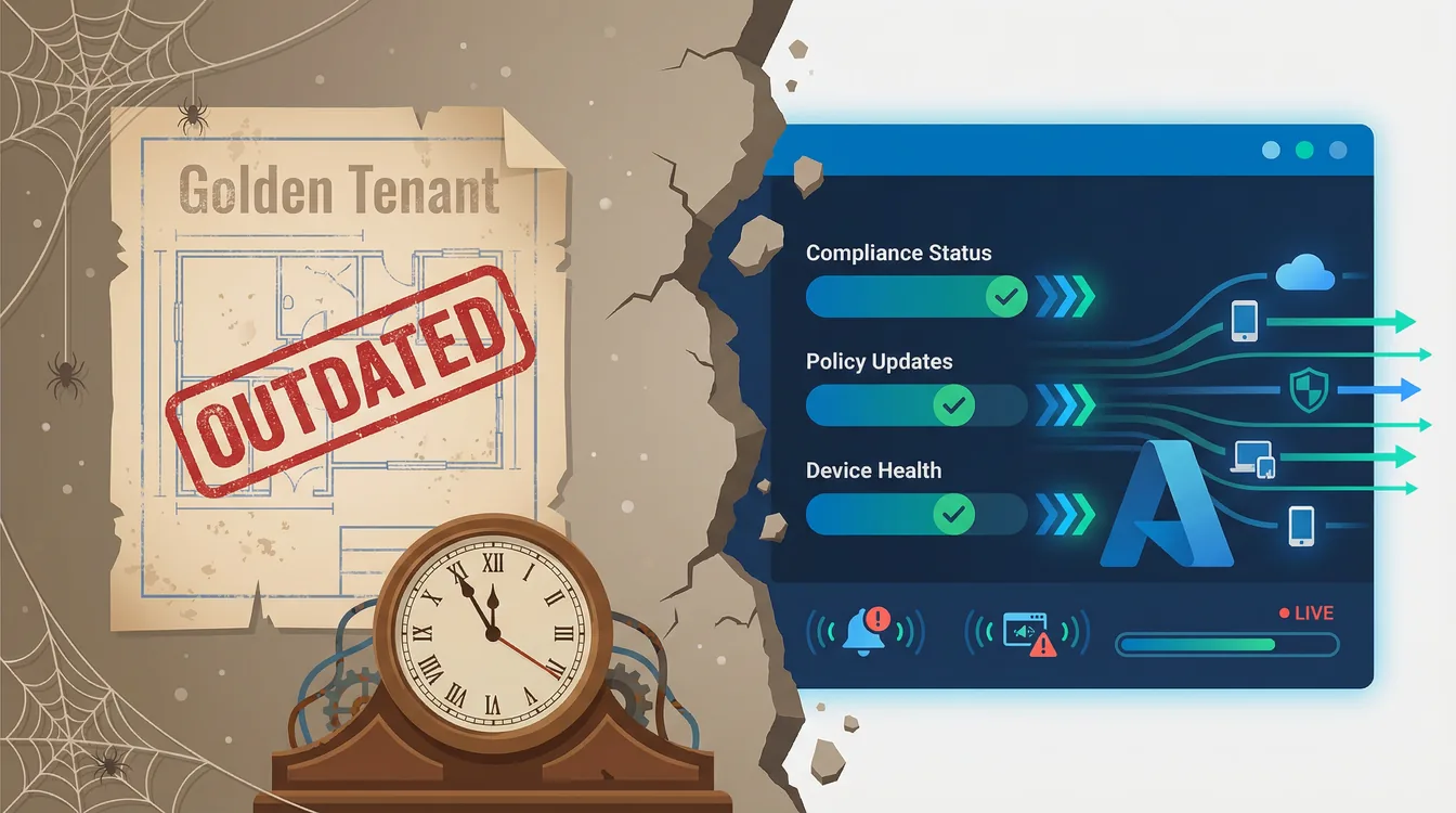 Split view of an outdated golden tenant blueprint versus a modern automated Intune compliance dashboard