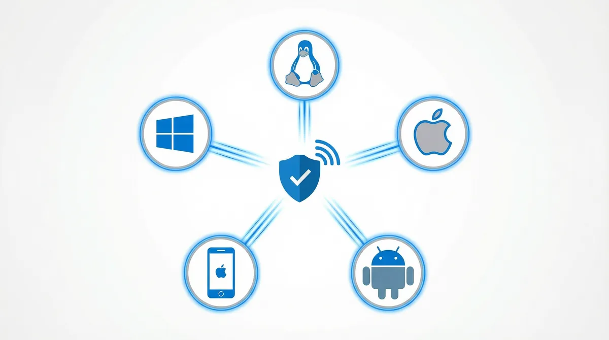 Comparison chart showing Microsoft Intune cross-platform device management spanning Windows, iOS, Android, and macOS