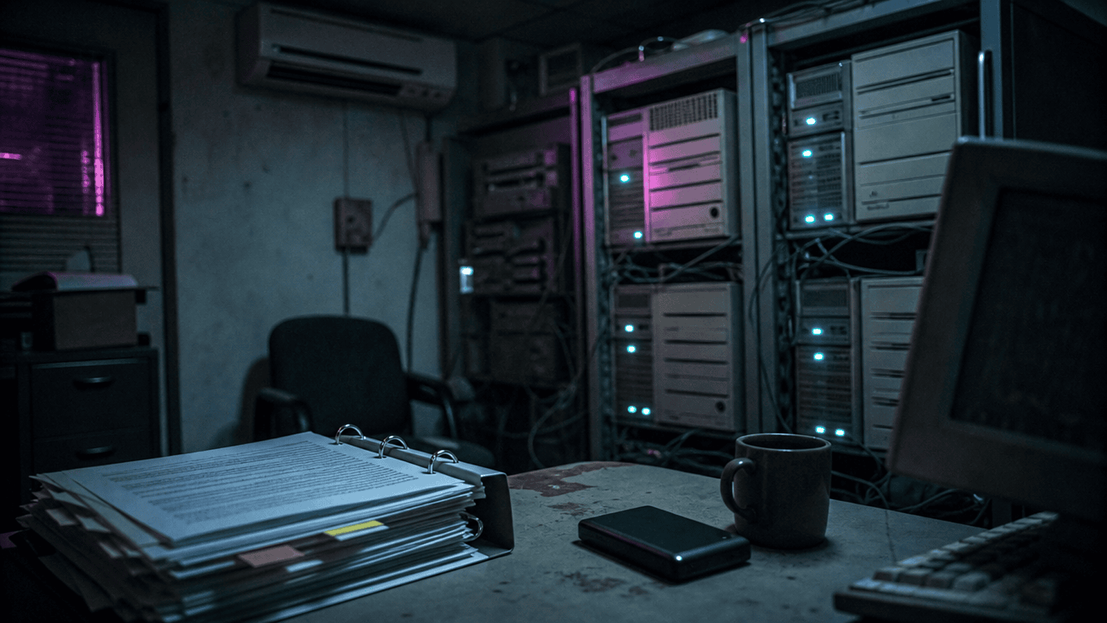 A dusty on-premises server room with ageing beige servers, a binder of printed emails and an unlabeled USB backup drive on the desk