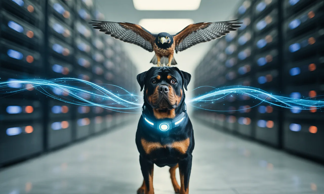 Knox and Hawk mascots in a futuristic cyber command center representing PowerShell security automation