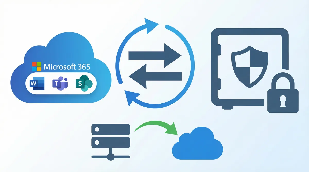 Diagram illustrating an independent Microsoft 365 backup strategy using third-party solutions for Exchange, SharePoint, and OneDrive