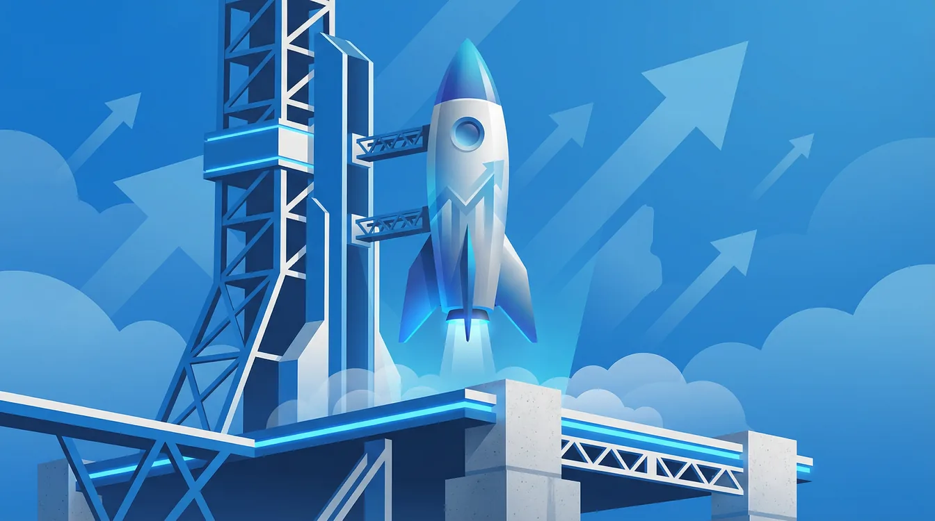 Rocket on launchpad symbolizing Microsoft 365 Business Premium as a secure foundation for SMB growth