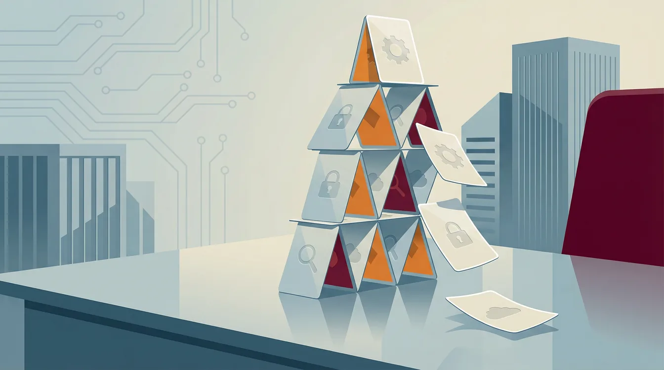 House of cards collapsing to illustrate the security gaps of relying solely on Microsoft 365 Business Standard