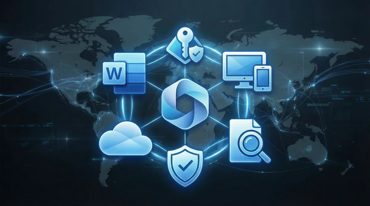 Microsoft 365 ecosystem dominance diagram showing integrated suite versus fragmented alternatives