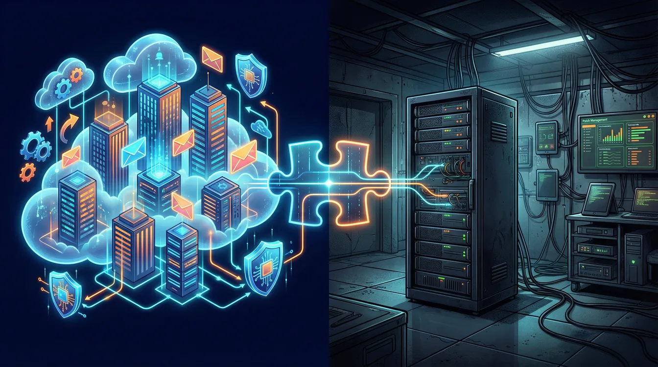 Microsoft 365 cloud productivity platform connected to Baramundi on-premises endpoint management via a puzzle piece