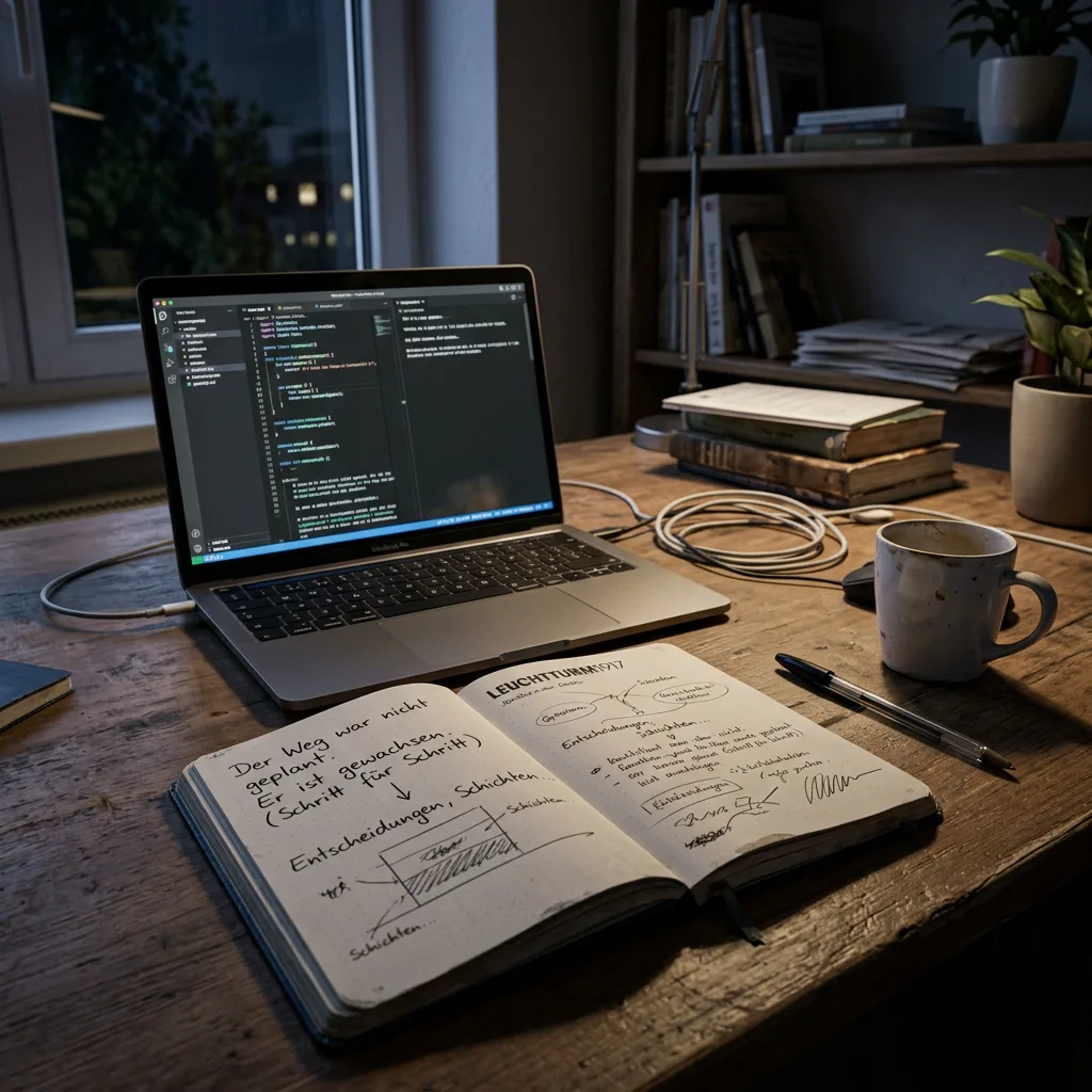 Calm workspace with laptop and notebook in natural daylight representing a reflective IT career journey from Windows NT to Microsoft 365