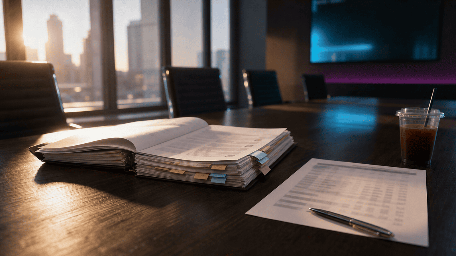 A boardroom table in morning light with a thick folder of printed emails and quotes beside a single summary sheet