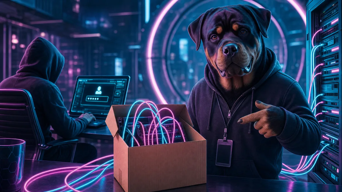 A sysadmin proudly pointing to a cardboard box server while a hacker logs in behind them — the absurdity of Security by Obscurity