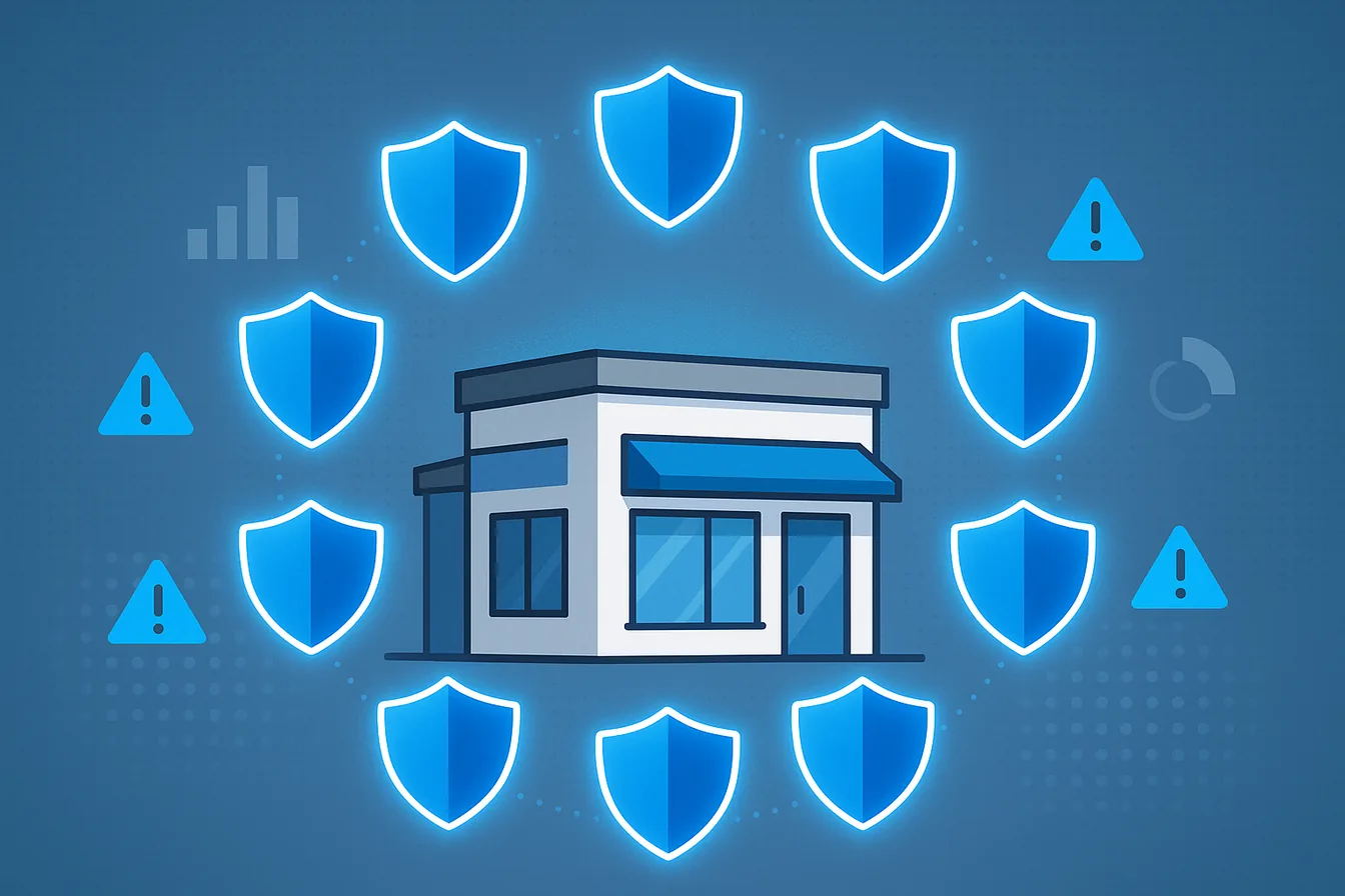 Infographic showing SMB cybersecurity statistics with shield icons highlighting key threat vectors for small businesses